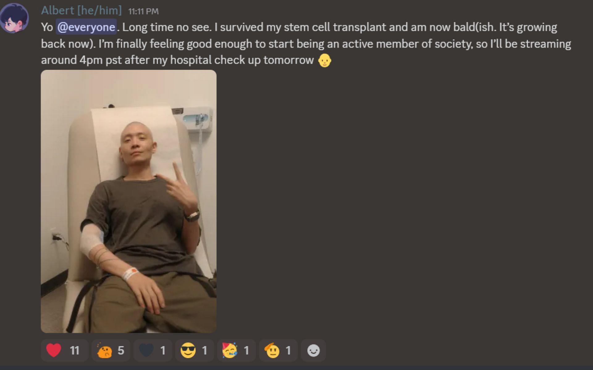 Twitch streamer Albert Change has provided a health update, saying he had a successful stem cell transplant (Image via reddit.com)